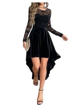 Velvet Lace Long Sleeve High Low Dress Round Neck Cocktail Party